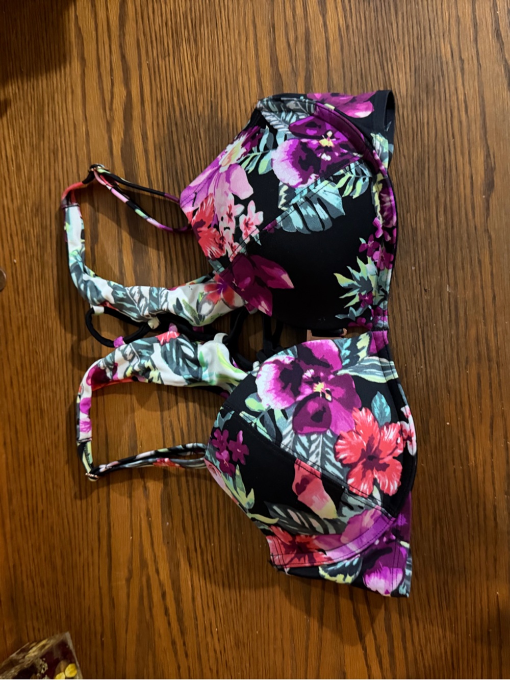 Floral Padded Bikini Top in Black with Pink & Green Flowers